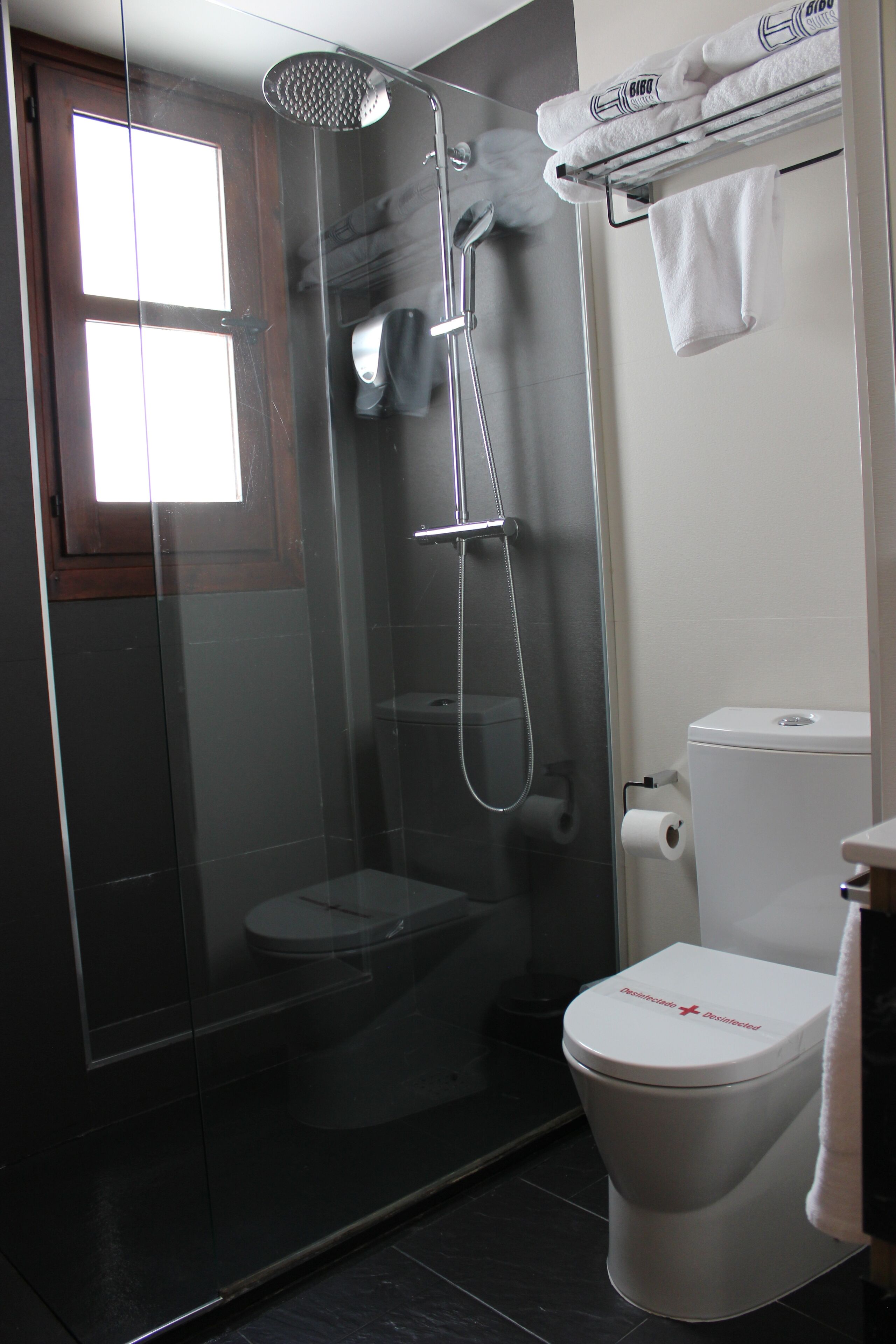 A modern bathroom with a glass-enclosed shower, a toilet, and a towel rack with folded towels.