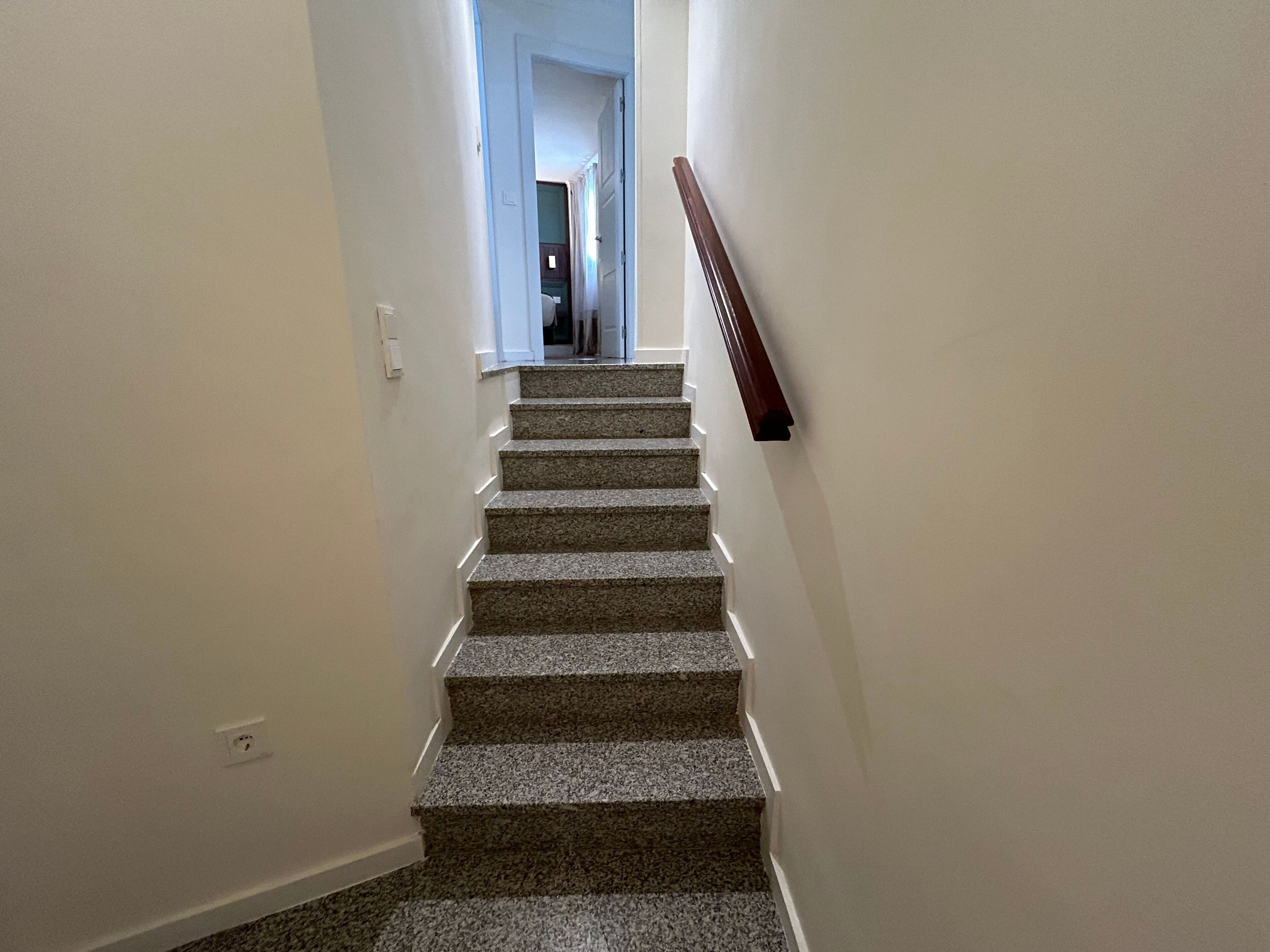 A staircase with carpeted steps leading to a landing.