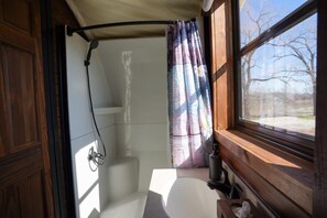 Shower, soap, shampoo, toilet paper