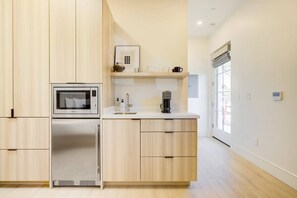 Fridge, microwave, coffee/tea maker, electric kettle