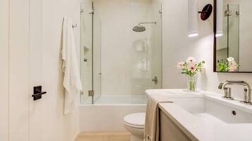 Eco-friendly toiletries, hair dryer, towels