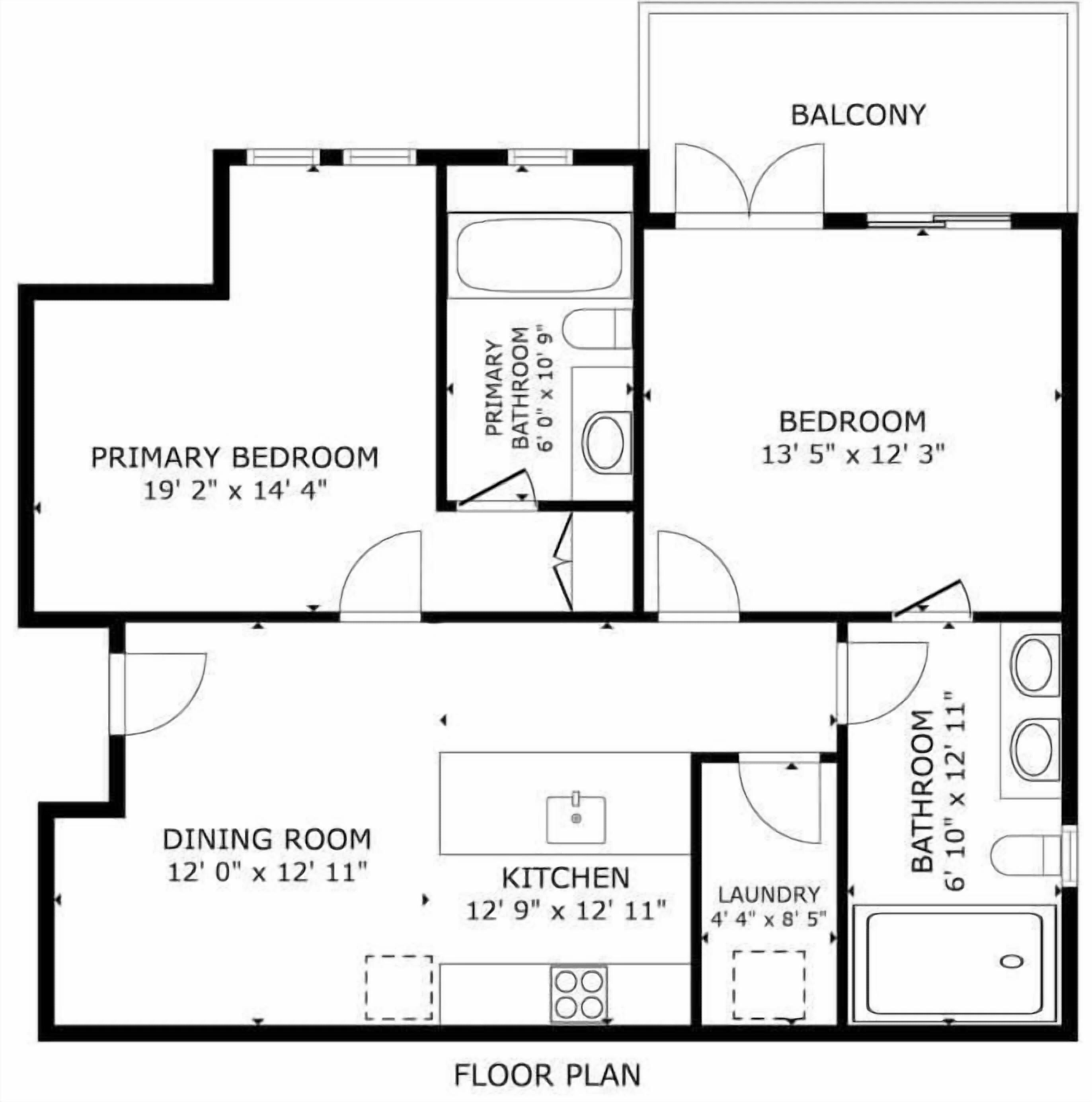 A floor plan of a house with a primary bedroom, secondary bedroom, dining room, kitchen, bathroom, and a balcony.