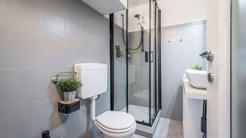 Shower, hair dryer, bidet, towels