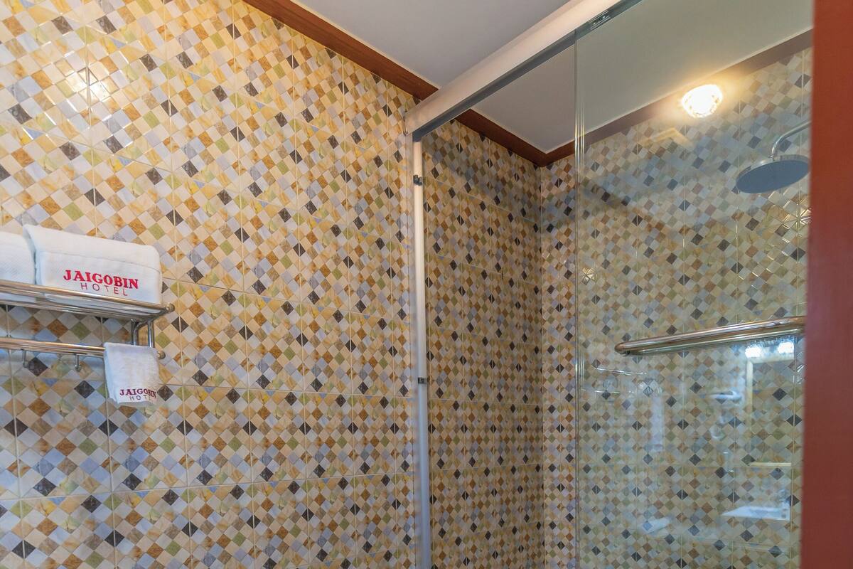 A bathroom with a toilet, a shower enclosure, and a tiled wall.