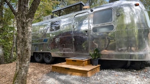 A silver RV parked in a wooded area with a wooden platform and a potted plant. - Silver Fern in Pisgah Forest (Pisgah Forest)