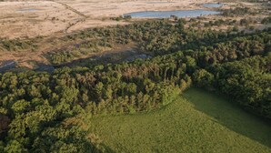 An aerial view of a forested area with a clearing and a small building. - Kalmdown Cabin - Antwerp (Wuustwezel)