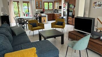 TV, video games, DVD player, foosball