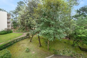 Stroll through the serene courtyard, surrounded by lush trees and a well-manicured lawn, along a winding path.