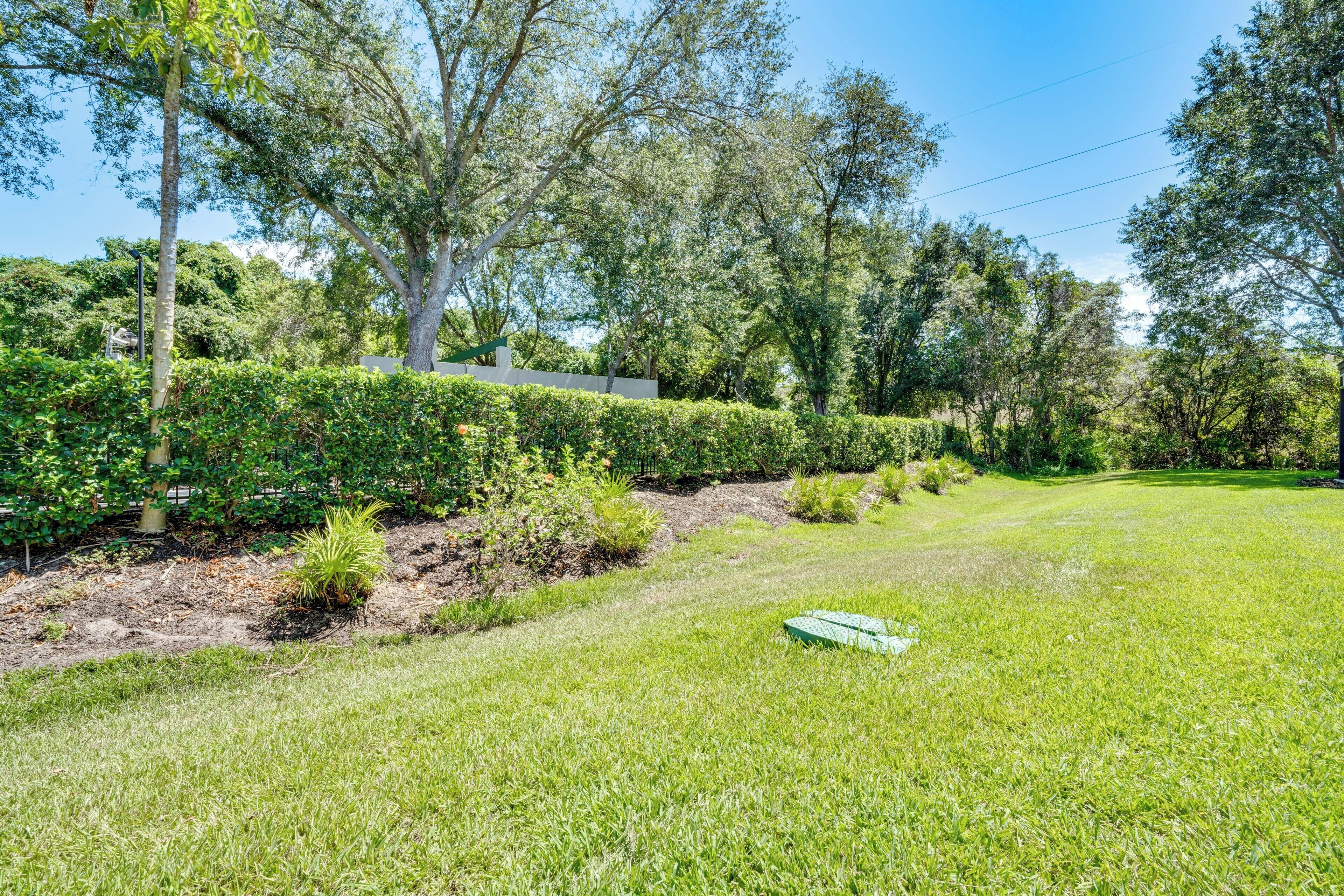 A well-maintained garden with a variety of trees and shrubs, a neatly trimmed hedge, and a grassy lawn.