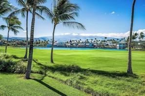 Campo de golf con piscina, palmeras y vistas a un resort con varias edificaciones.
