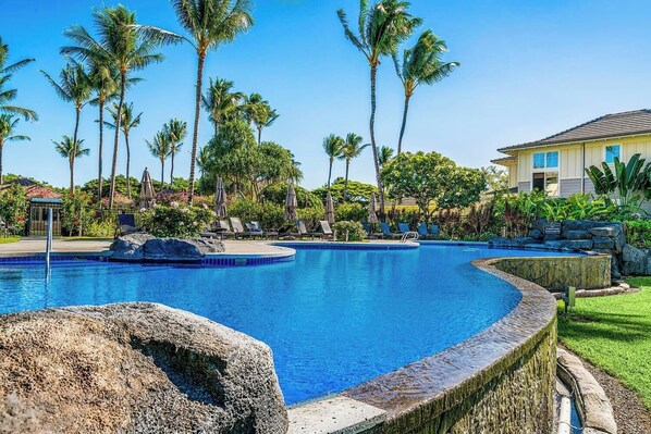 A swimming pool with lounge chairs and palm trees.