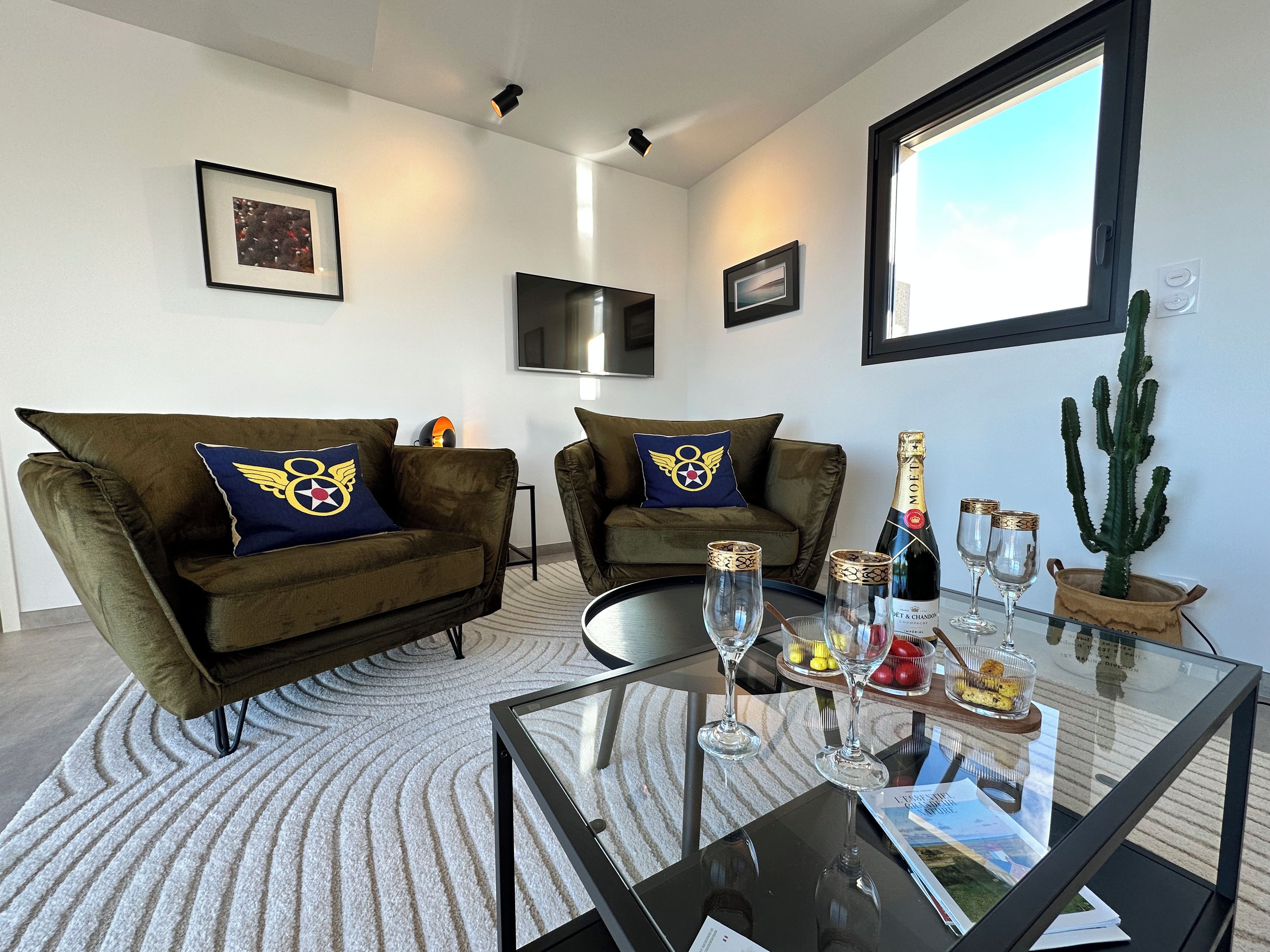 A modern living room with two sofas, a glass coffee table, and a cactus plant.