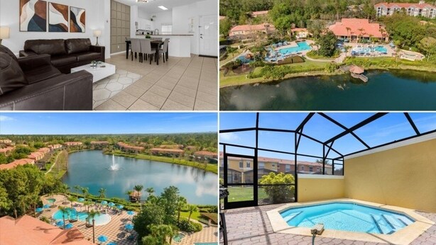 A modern living room with a sofa and coffee table, a dining area with chairs, a kitchen with a dining table, a pool area with multiple pools and umbrellas, and a hot tub. - 3 Bed/2.5 Bath Perfect Family Home Bunk Beds 3 Bedroom Townhouse by RedAwning (Kissimmee)