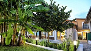 A well-maintained garden with various plants and a paved walkway leading to a building with large windows and a modern design. - Hotel Labiatan (Shkodër)
