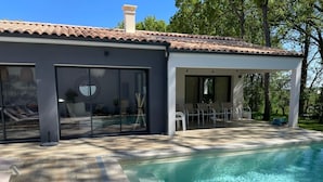 Ein modernes Haus mit Swimmingpool, großen Schiebeglastüren und einer überdachten Terrasse.