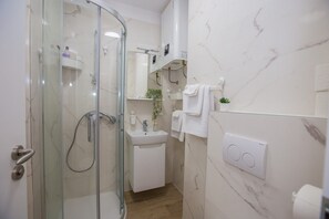 Douche, séchoir à cheveux, serviettes fournies