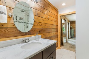 Shower, hair dryer, towels - Modern Mountainside Cabin | Hot Tub, Game Room + Biltmore Pass Near Asheville (Candler)