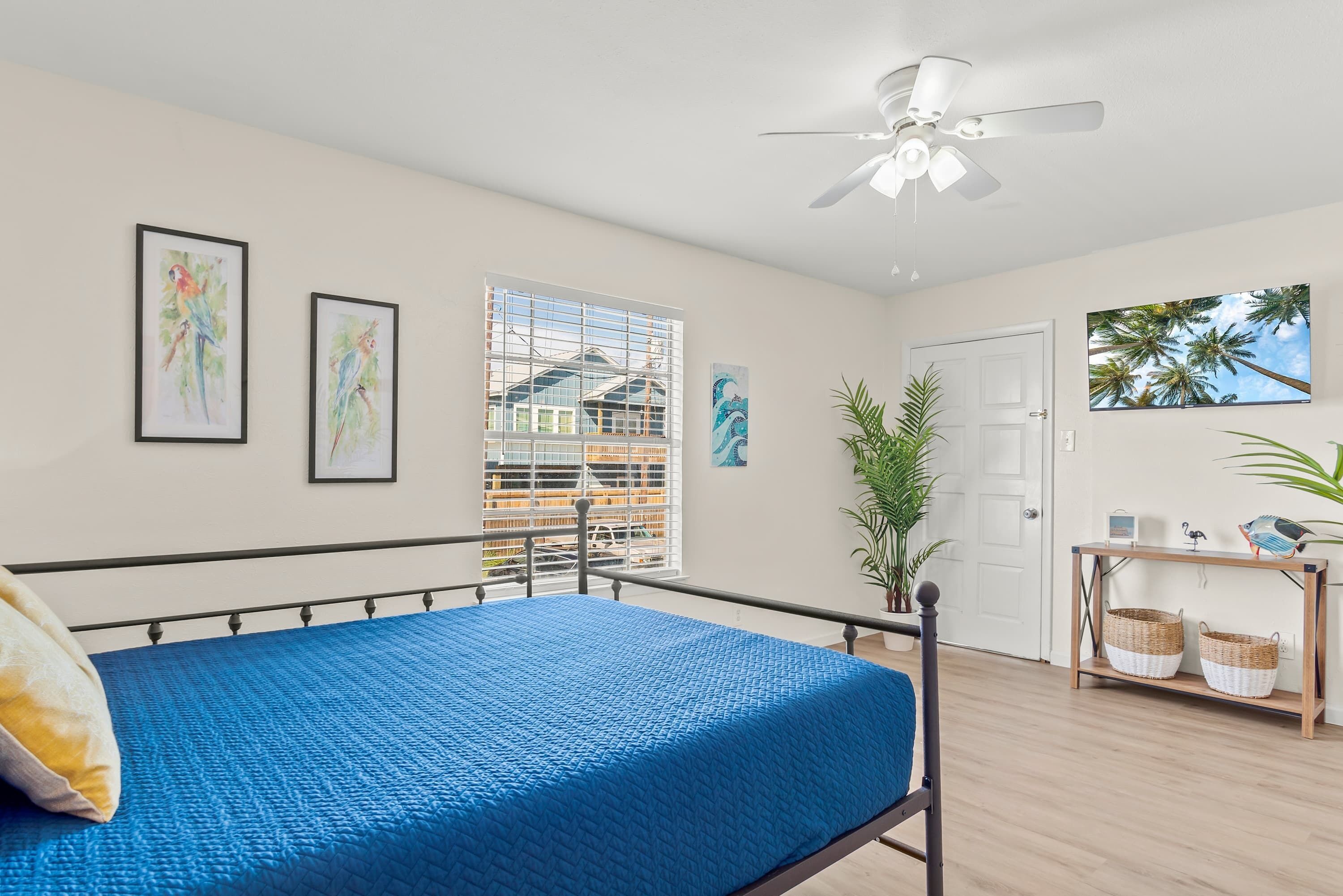 A bedroom with a bed, a ceiling fan, a window with blinds, and a door.