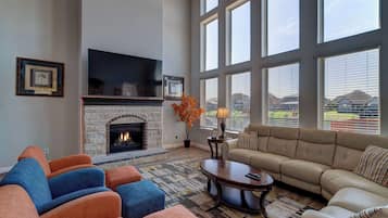 House, Multiple Beds, Hot Tub (Lakeview Mansion) | Living area | 50-inch flat-screen TV with digital channels, fireplace