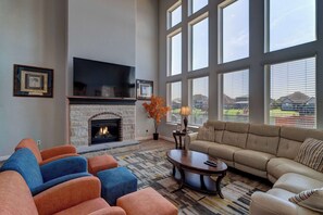 House, Multiple Beds, Hot Tub (Lakeview Mansion) | Living area | 50-inch flat-screen TV with digital channels, fireplace