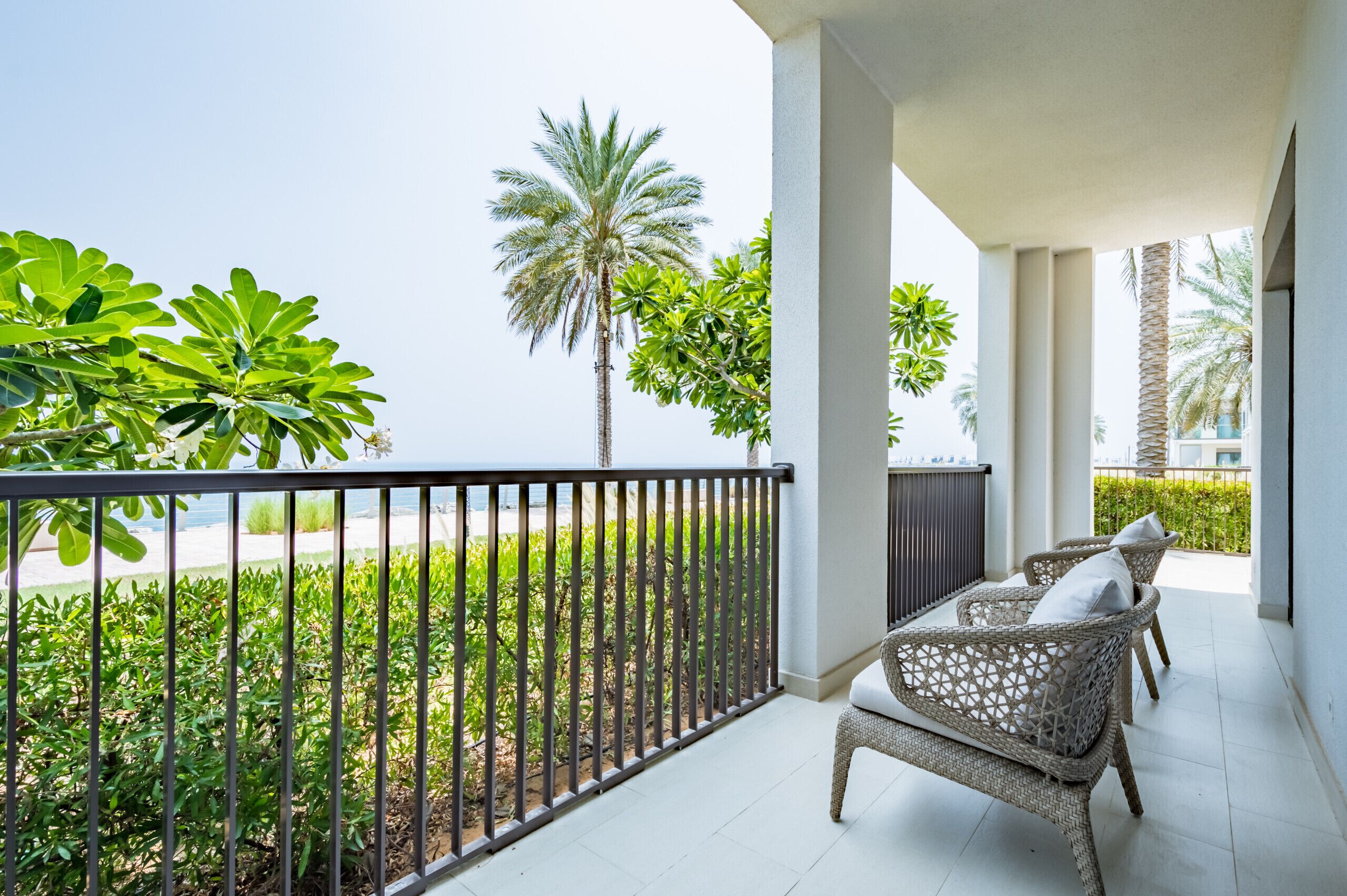 A balcony with a view of the sea, featuring wicker furniture and a palm tree.