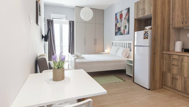 Une pièce de taille modeste comprenant un lit, une petite kitchenette, une table à manger avec des chaises et une plante en pot.