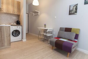 Studio | Private kitchen | Full-sized fridge, oven, stovetop, toaster - Fresh Exarcheia Studio w Balcony & Style (Athens)