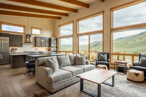 Smart TV, fireplace, books, stereo