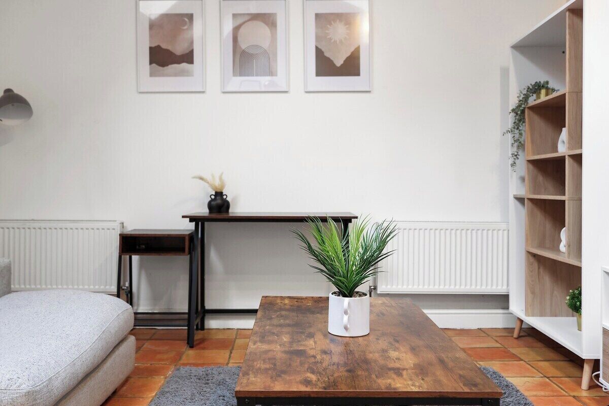 Una sala de estar con un sofá, una mesa de centro con una planta, una mesita auxiliar, un radiador y una estantería.