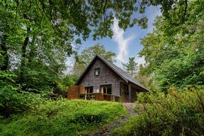 Une cabane en bois, entourée d’une végétation luxuriante, sous un ciel dégagé.