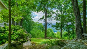 Un jardin luxuriant avec une terrasse en bois et une vue sur le lac.