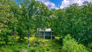 Un chalet isolé, entouré d’une forêt dense, doté d’une grande véranda avec de larges fenêtres et d’un espace extérieur abrité.