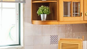 Une cuisine avec des meubles en bois, une étagère intégrée ornée de plantes en pot, un égouttoir à vaisselle et une radio ancienne.