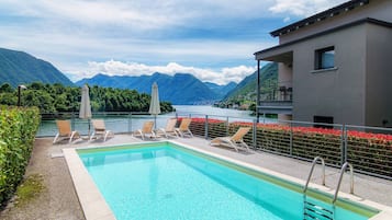 Seasonal outdoor pool, pool loungers