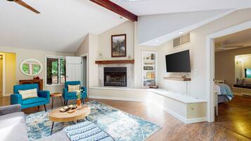 TV, fireplace, books