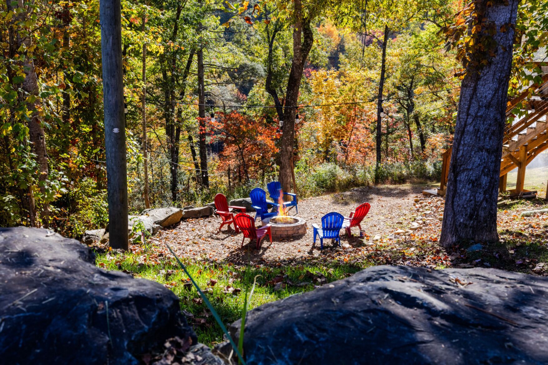 A forested area with a fire pit and several Adirondack chairs.