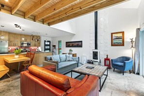Smart TV, fireplace, books, stereo