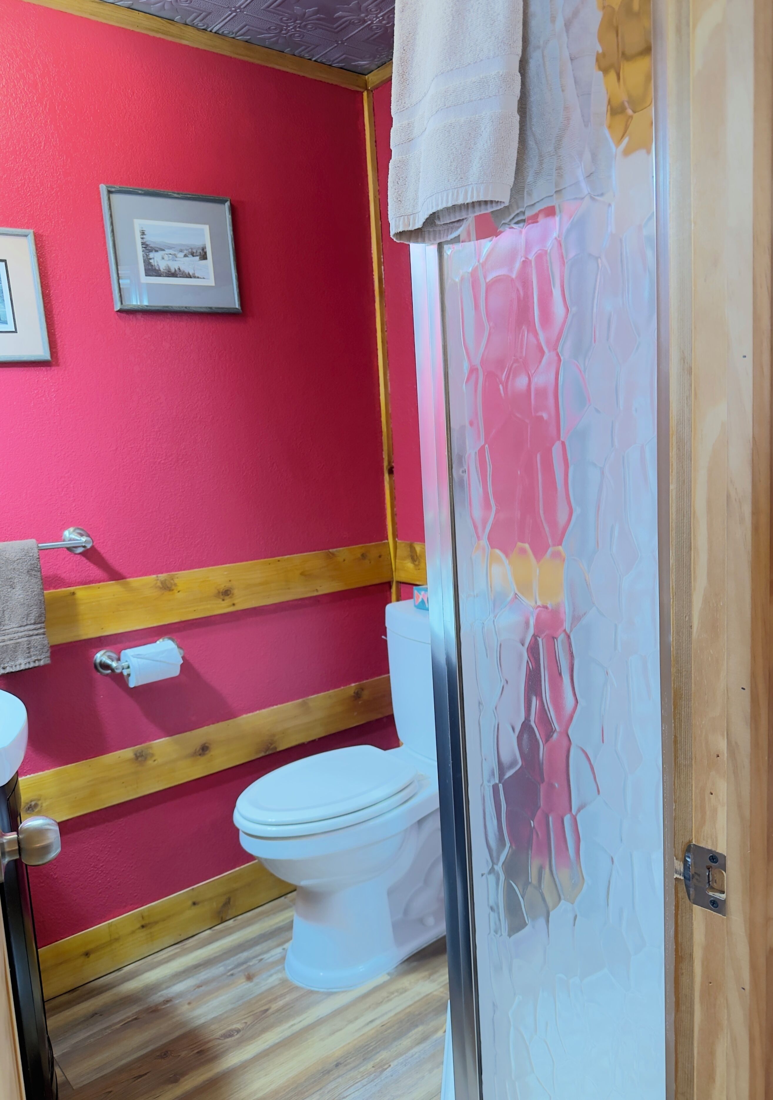 A bathroom with a red wall, wooden paneling, a white toilet, and a shower with a frosted glass door.