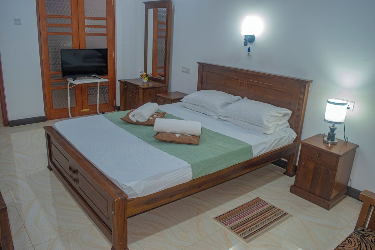 A neatly arranged bedroom with a wooden bed, a television on a stand, a nightstand with a lamp, and a mirror.