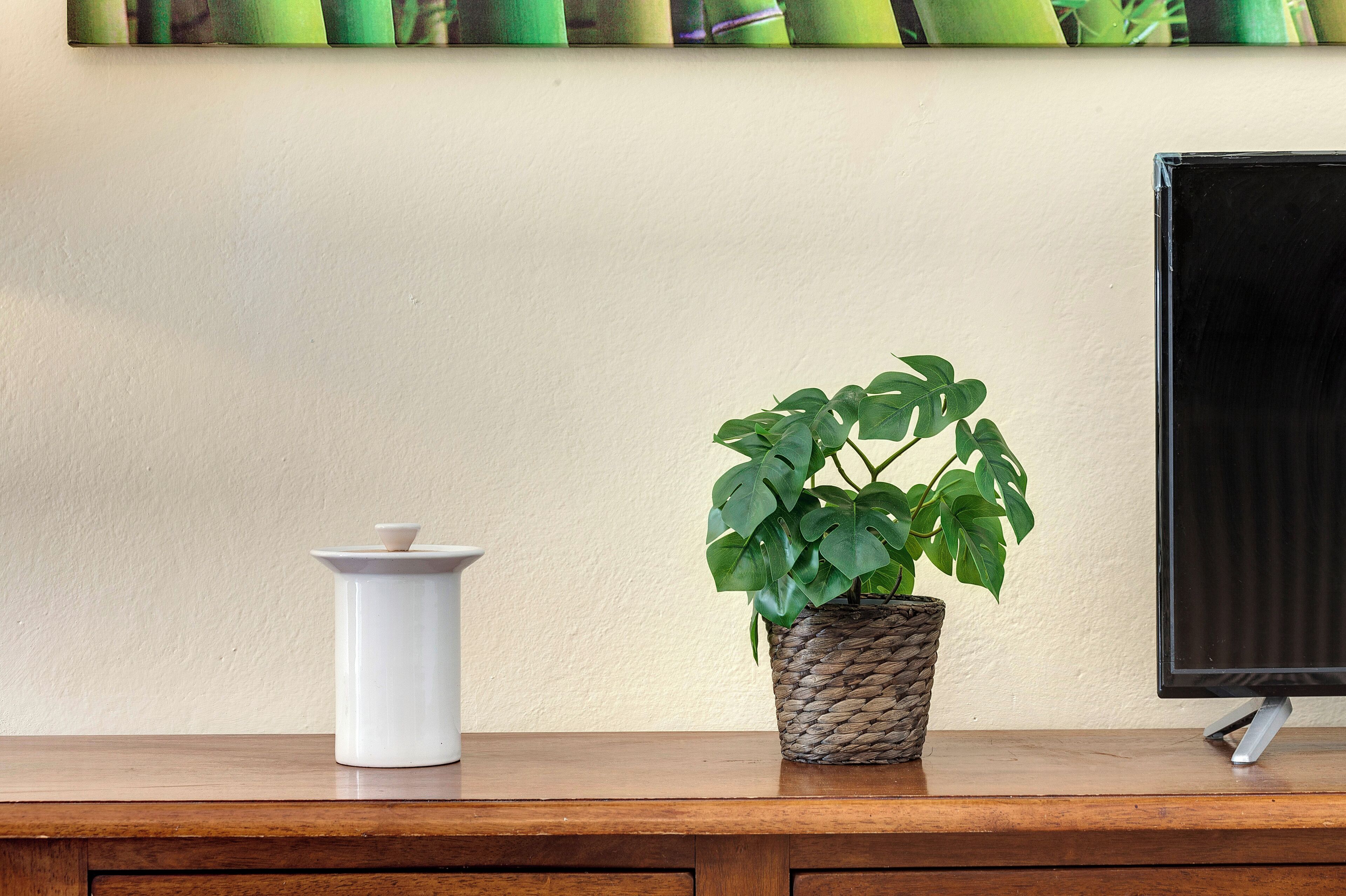 Uma mesa de madeira com um vaso branco e uma planta em vaso trançado.