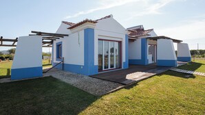 A modern house with a blue and white exterior, a wooden deck, and a glass door.
