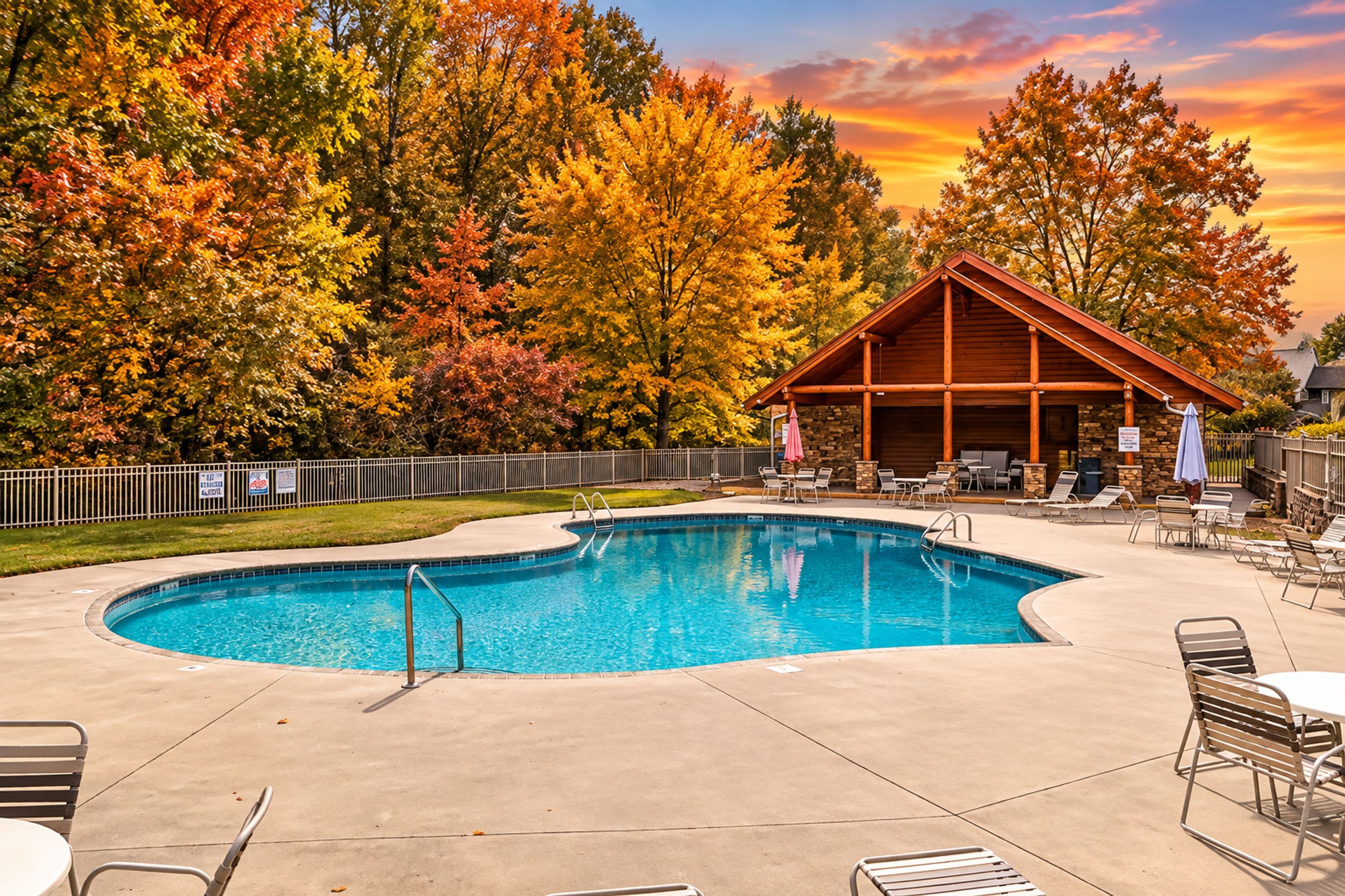 A swimming pool with a wooden pavilion and lounge chairs.