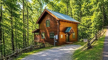 Una cabaña de madera con techo metálico, rodeada de un bosque denso.