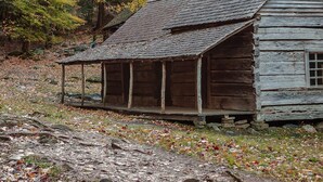 A rustic cabin with a sloped roof, surrounded by autumn foliage.