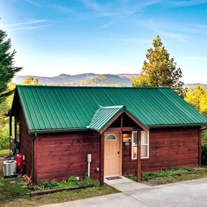 A small wooden cabin with a green metal roof, a single door, and a small porch. - Views I Firepit I Pool Table I Hot Tub I Sleeps 4 (Sevierville)