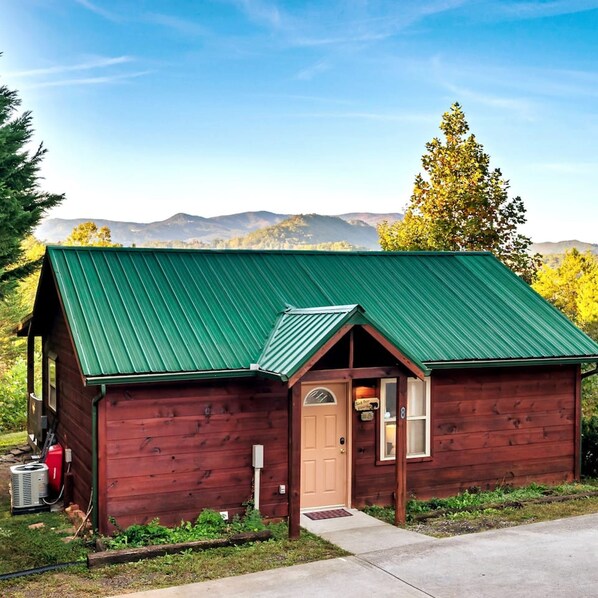 A small wooden cabin with a green metal roof, a single door, and a small porch.