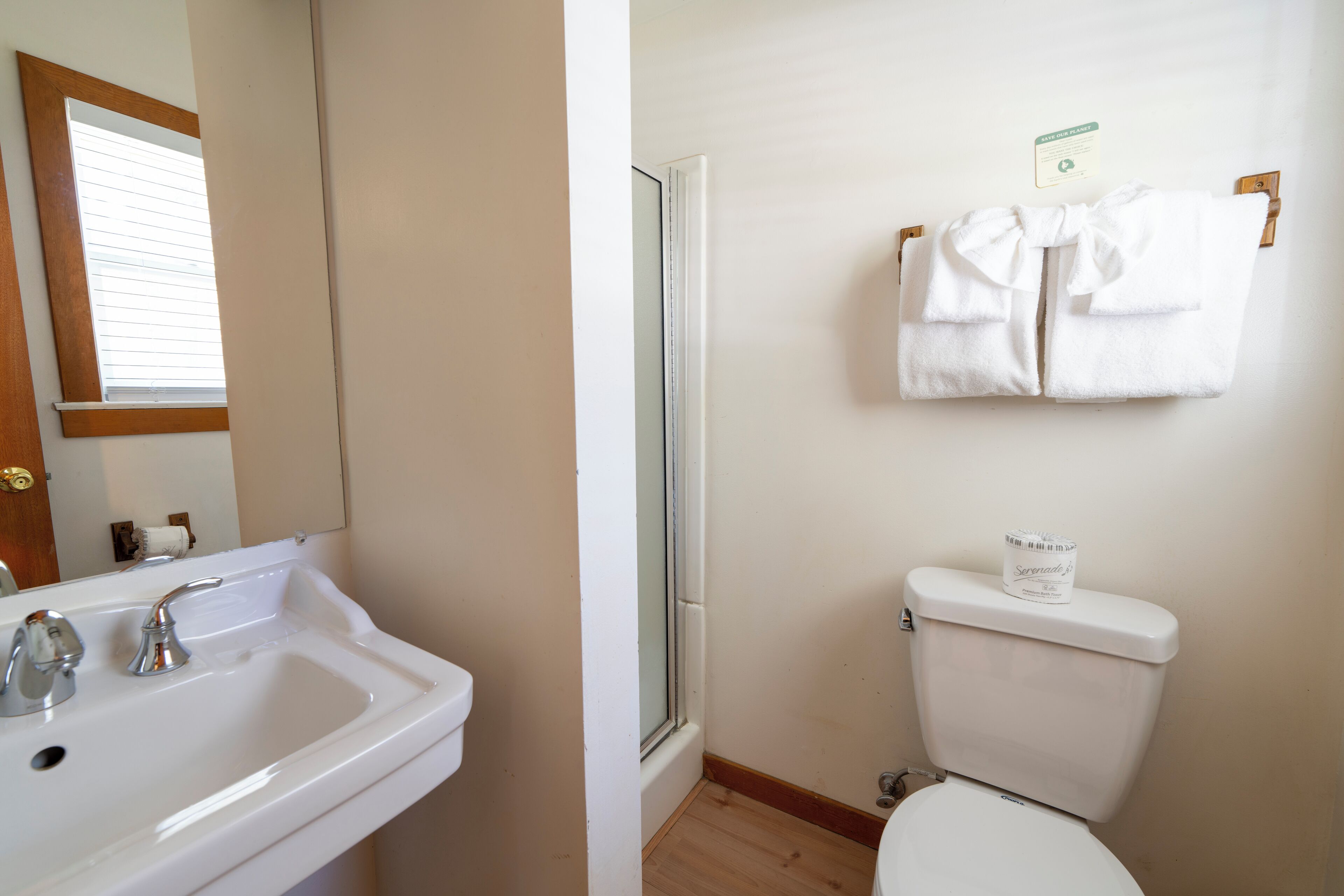 A bathroom with a white sink, a toilet, and a shower.