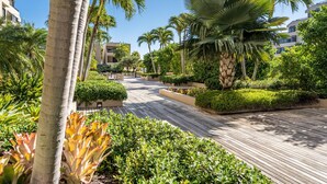 A resort pathway lined with palm trees and lush greenery, leading to a building with multiple balconies. - Tropical Retreat with Beach & Resort Amenities (Key biscayne)