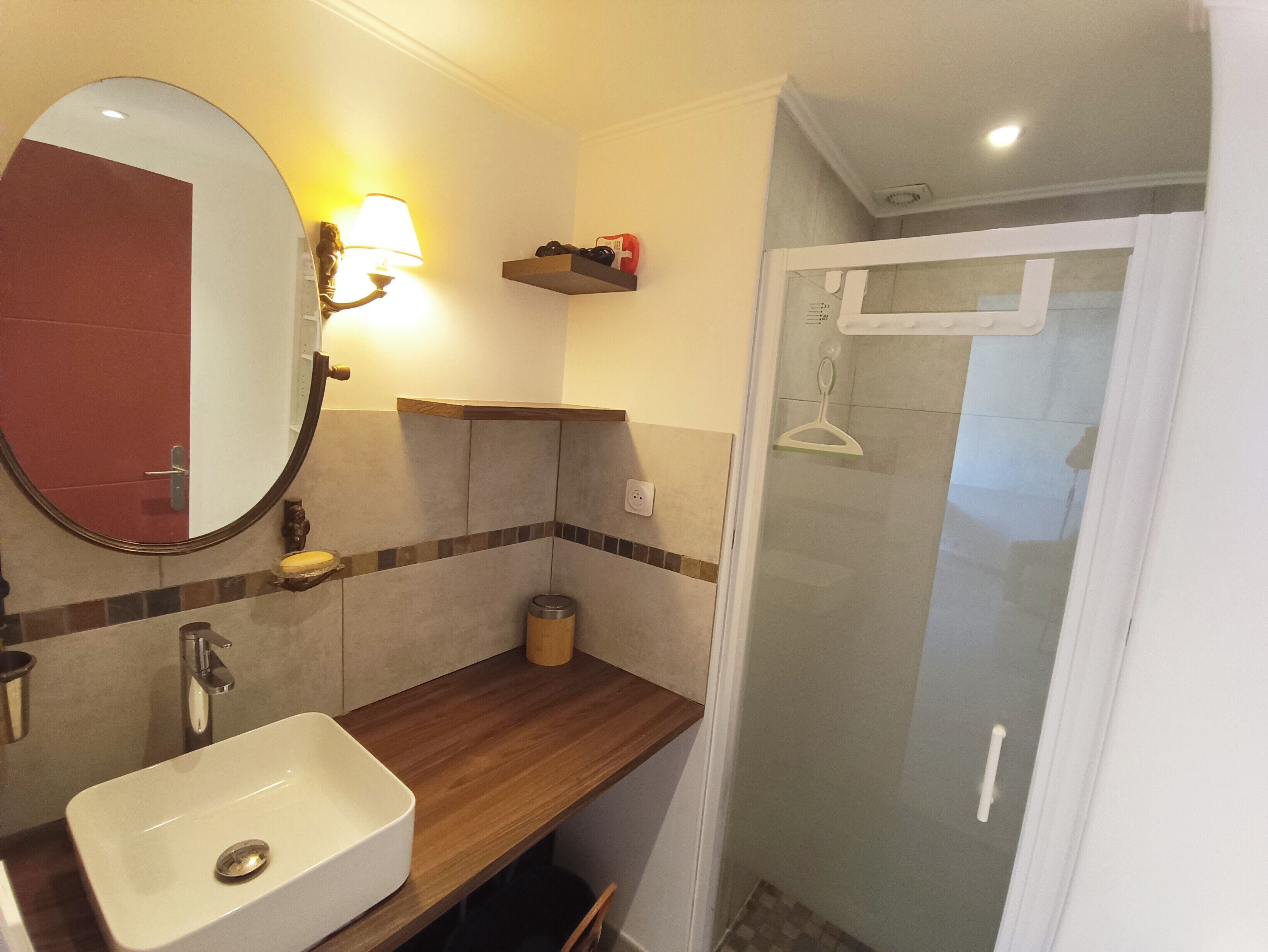 A bathroom with a sink, mirror, and shower.