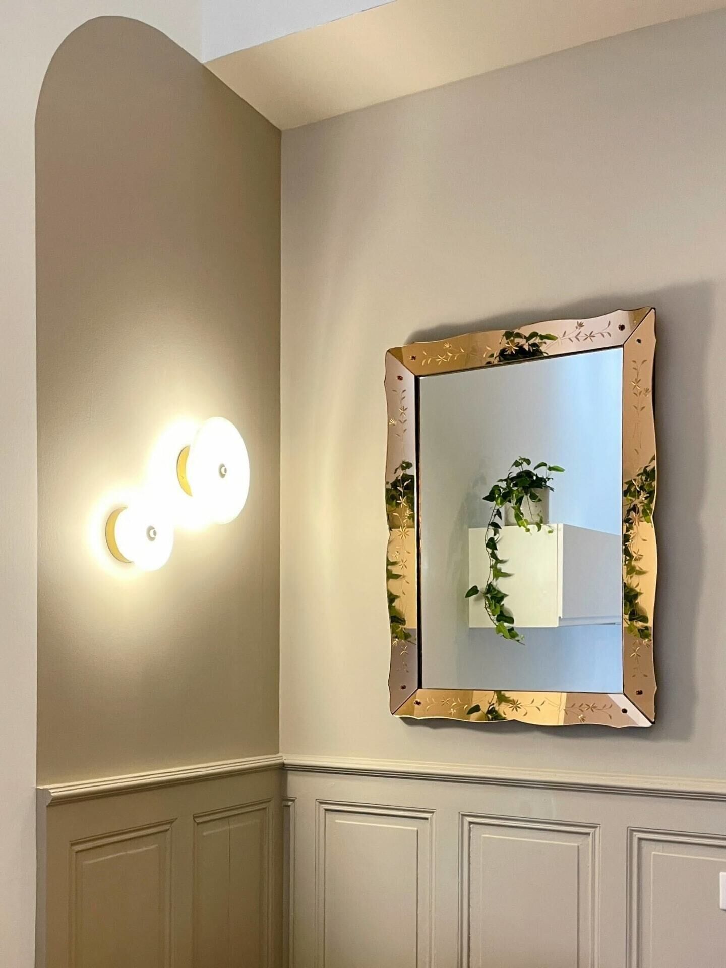 Une salle de bain avec un miroir fixé au mur, un luminaire et une plante.
